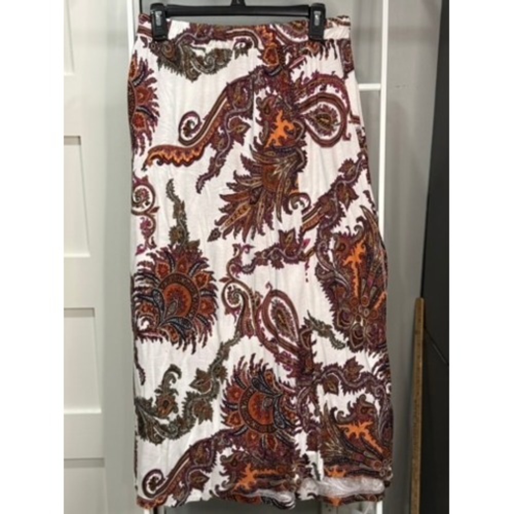 Lascana Paisley Print Maxi Skirt White Orange Boho Side Slit Viscose Size 10